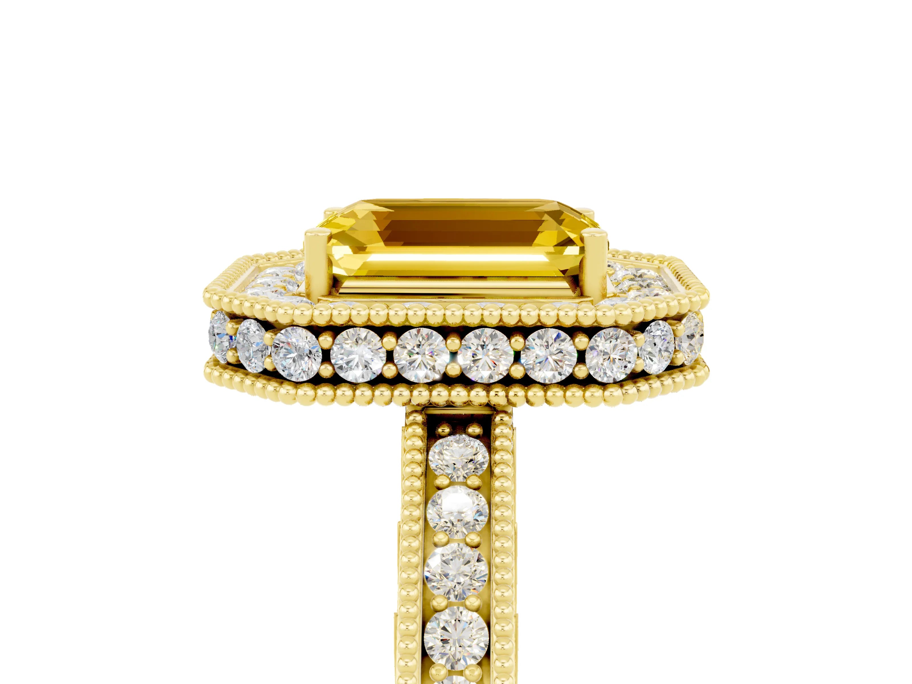 Yellow gold Emerald Cut Halo Diamond Engagement Ring with Milgrain Pave Band and Four-Prong Setting_5