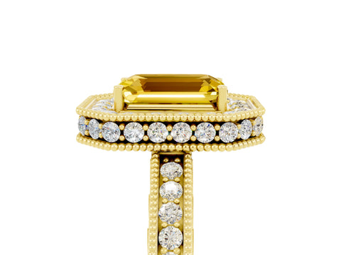 Yellow gold Emerald Cut Halo Diamond Engagement Ring with Milgrain Pave Band and Four-Prong Setting_5