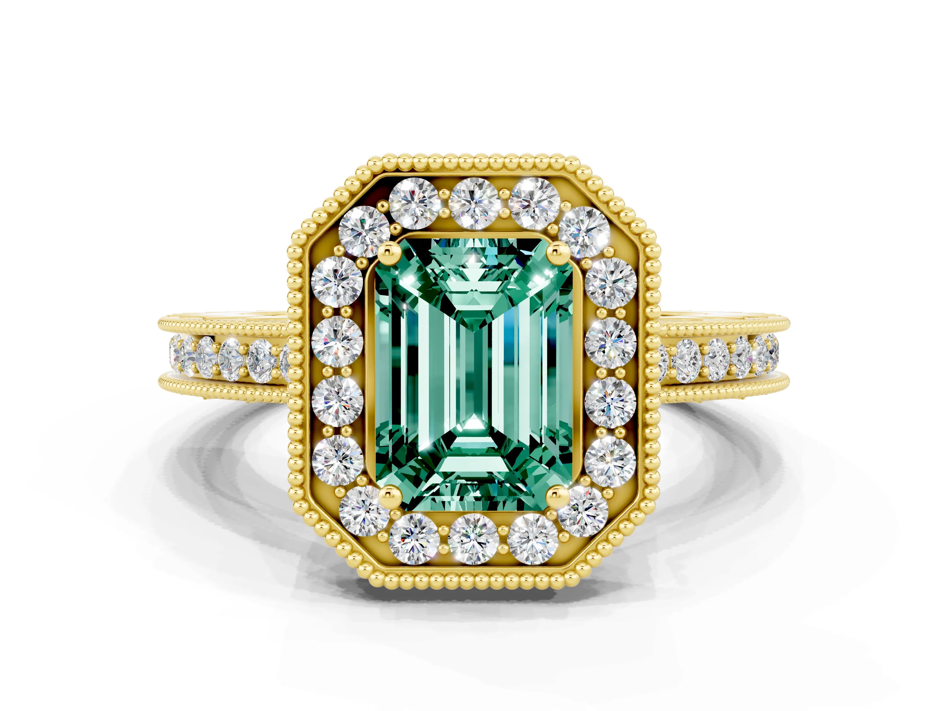 Yellow gold Emerald Cut Halo Diamond Engagement Ring with Milgrain Pave Band and Four-Prong Setting