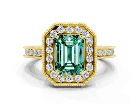 Yellow gold Emerald Cut Halo Diamond Engagement Ring with Milgrain Pave Band and Four-Prong Setting