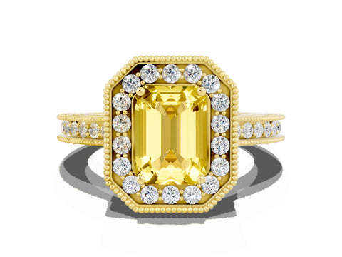 Yellow gold Emerald Cut Halo Diamond Engagement Ring with Milgrain Pave Band and Four-Prong Setting