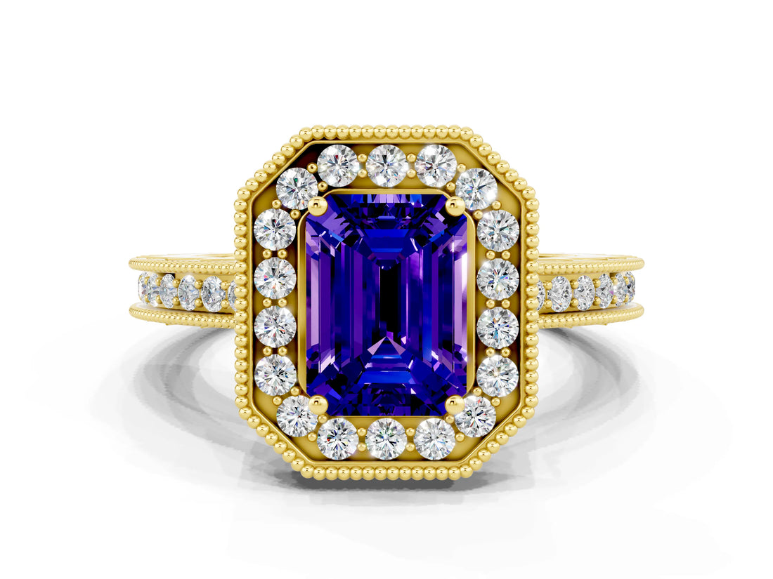 Yellow gold Emerald Cut Halo Diamond Engagement Ring with Milgrain Pave Band and Four-Prong Setting