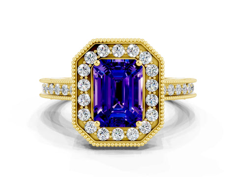 Yellow gold Emerald Cut Halo Diamond Engagement Ring with Milgrain Pave Band and Four-Prong Setting