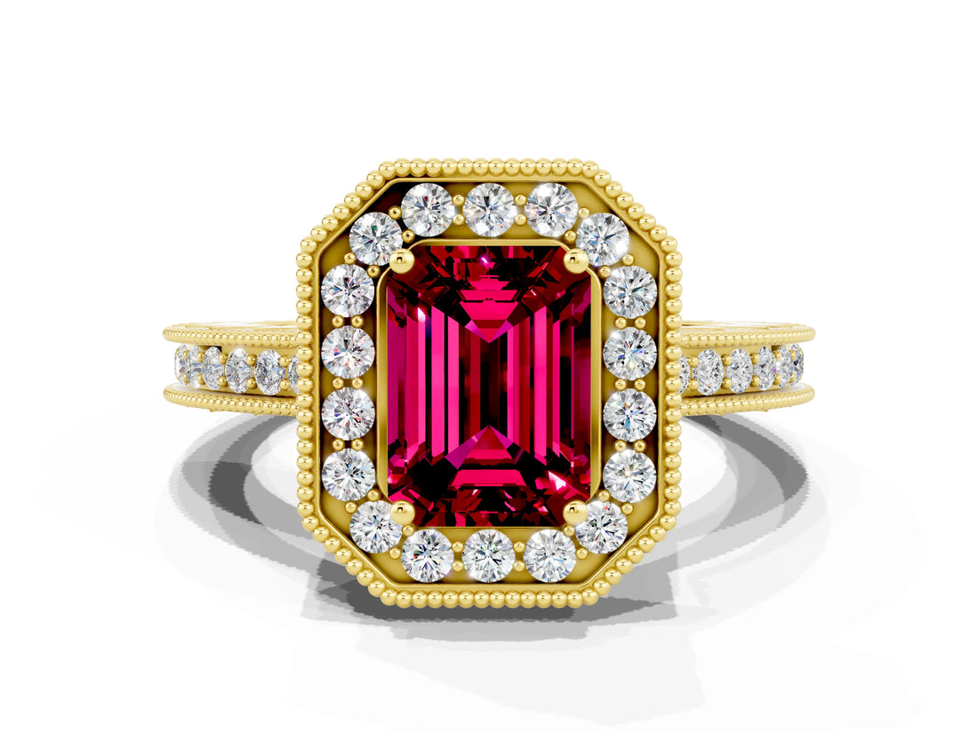 Yellow gold Emerald Cut Halo Diamond Engagement Ring with Milgrain Pave Band and Four-Prong Setting