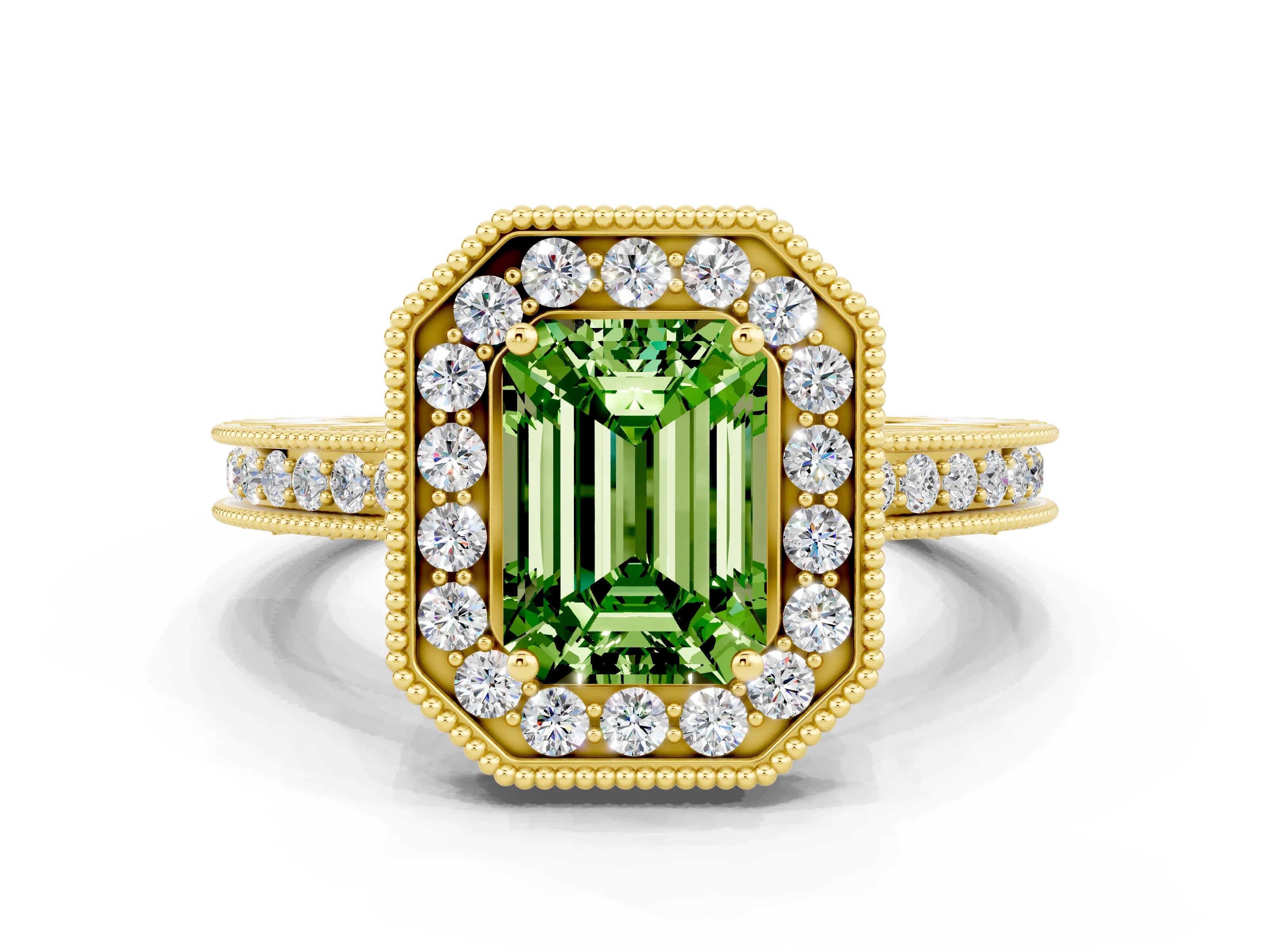 Yellow gold Emerald Cut Halo Diamond Engagement Ring with Milgrain Pave Band and Four-Prong Setting