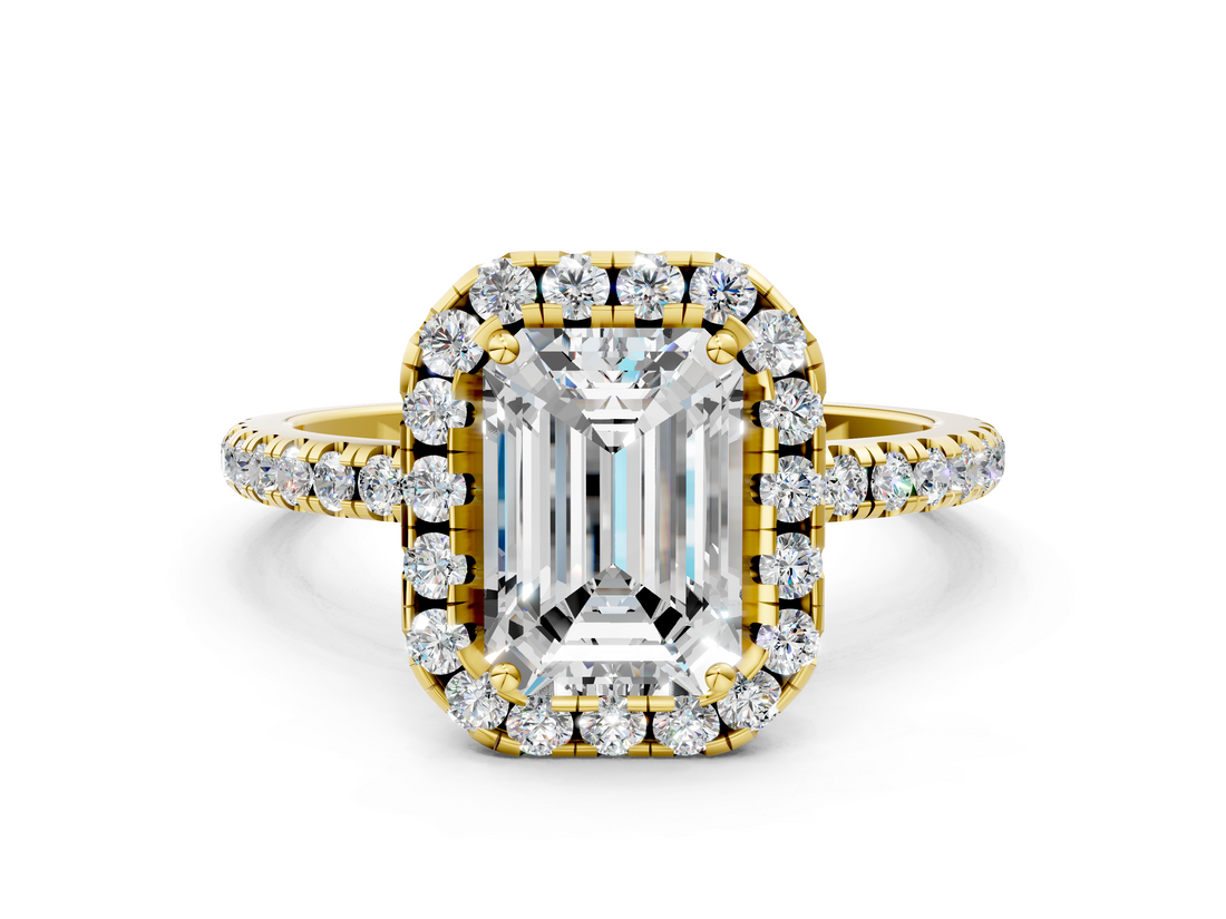 Yellow gold Emerald Cut Halo Diamond Engagement Ring with Pave Band and Four-Prong Setting_20