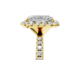 Yellow gold Emerald Cut Halo Diamond Engagement Ring with Pave Band and Four-Prong Setting_25