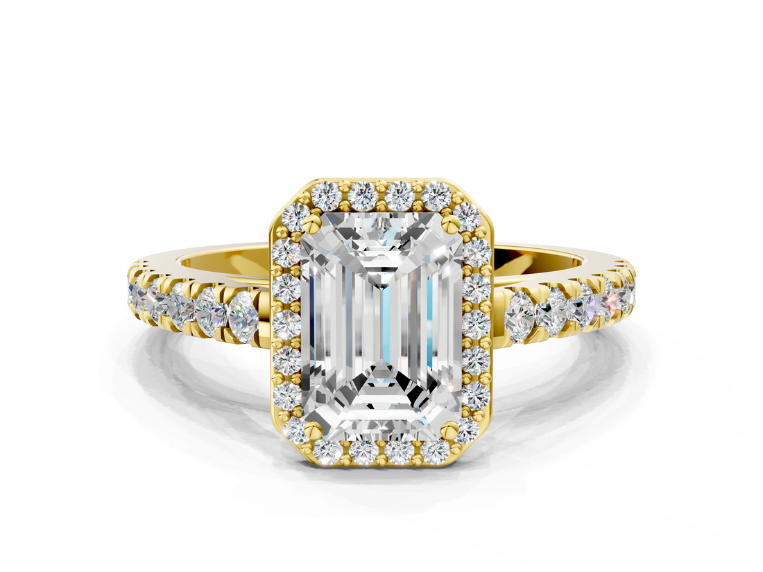 Yellow gold Emerald Cut Halo Diamond Engagement Ring with Pave Band and Four-Prong Setting_40