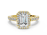 Yellow gold Emerald Cut Halo Diamond Engagement Ring with Pave Band and Four-Prong Setting_40