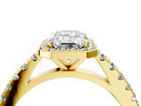 Yellow gold Emerald Cut Halo Diamond Engagement Ring with Pave Band and Four-Prong Setting_44
