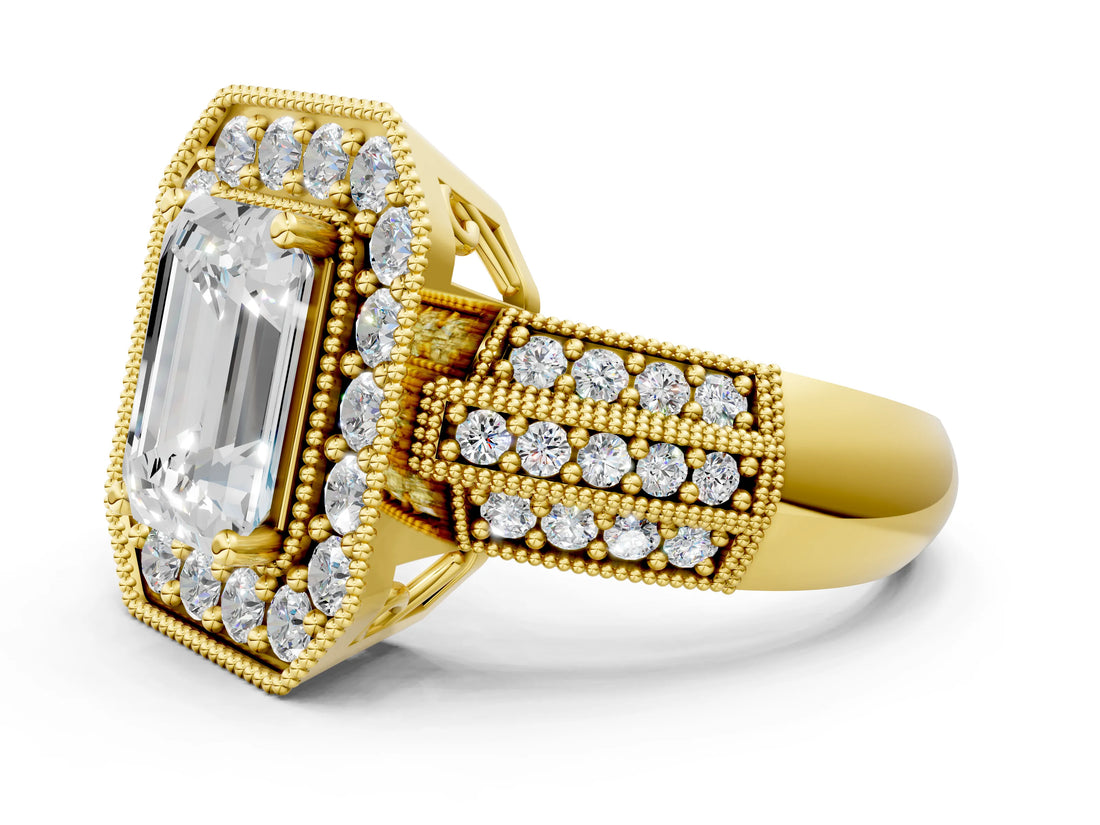 Yellow gold Emerald Cut Halo Diamond Engagement Ring with Pave Split Shank and Four-Prong Setting_3