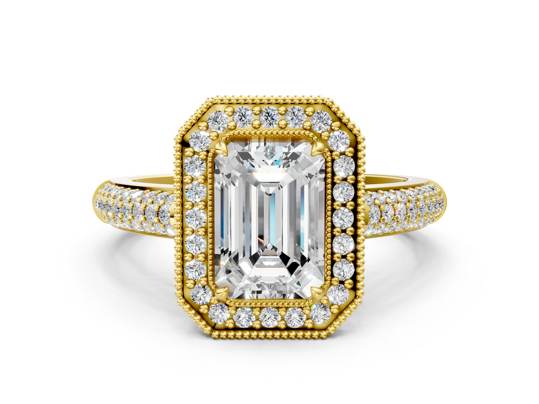 Yellow gold Emerald Cut Halo Diamond Pave Band with Four-Prong Setting_49