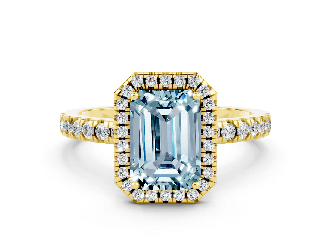 Yellow gold Emerald Cut Halo Diamond Pave Band with Prong Setting