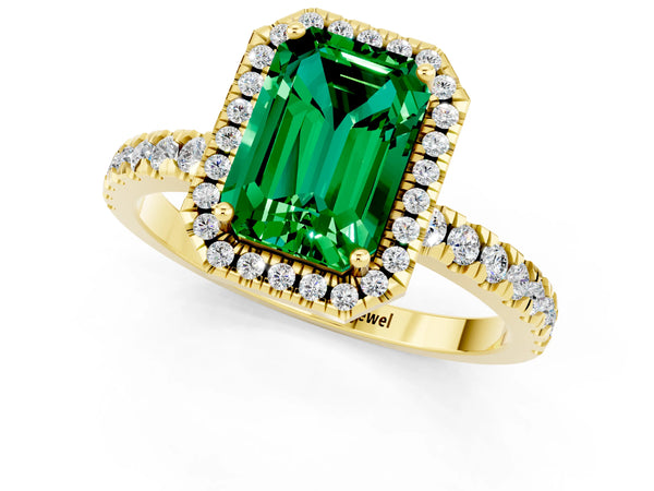Yellow gold Emerald Cut Emerald Classic Halo Engagement Ring with Round Pavé Band and Prong Setting
