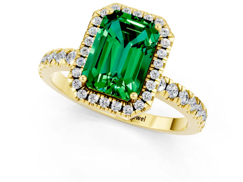 Yellow gold Emerald Cut Halo Diamond Pave Band with Prong Setting_1