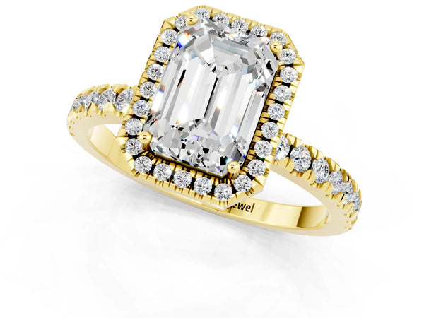 Yellow gold Emerald Cut Moissanite Classic Halo Engagement Ring with Round Pavé Band and Prong Setting