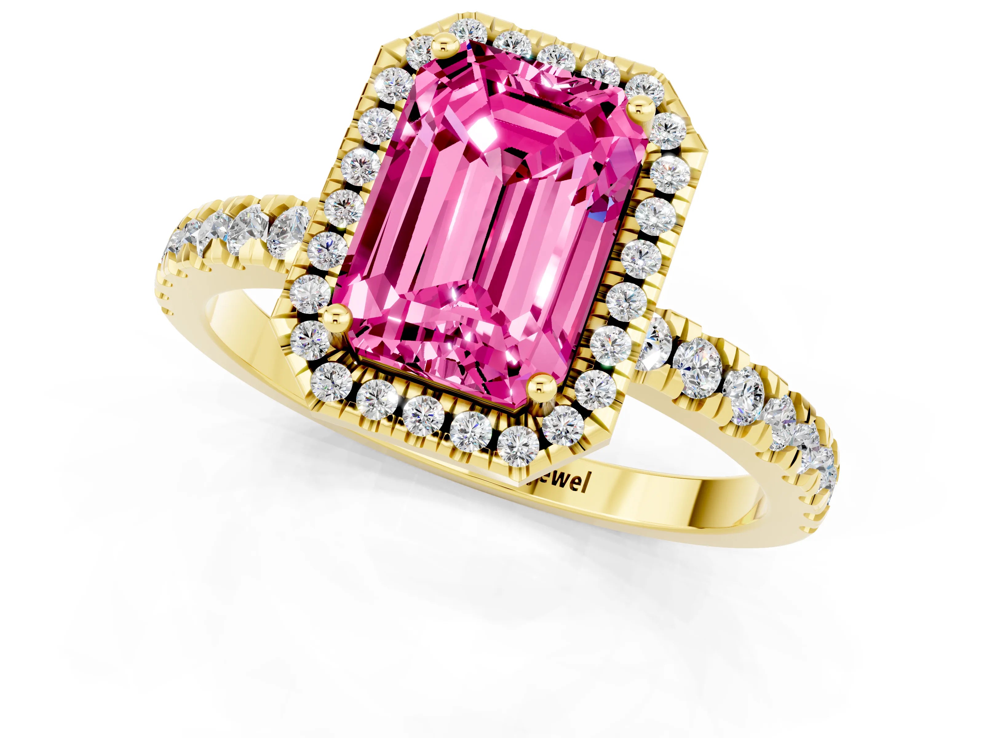 Yellow gold Emerald Cut Halo Diamond Pave Band with Prong Setting_1