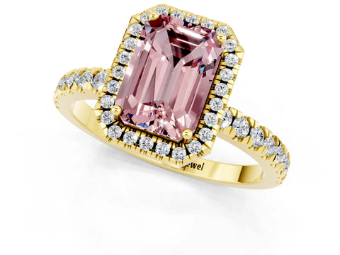 Yellow gold Emerald Cut Halo Diamond Pave Band with Prong Setting_1