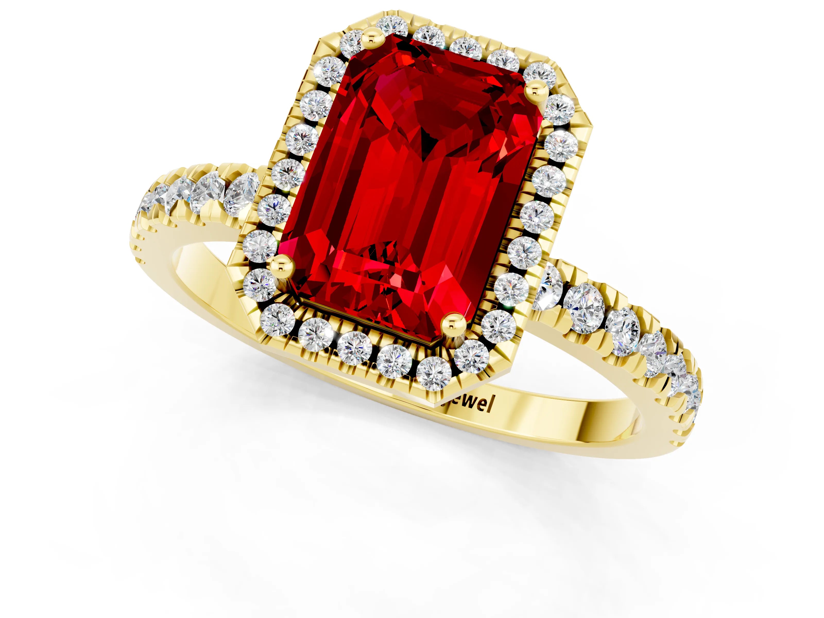 Yellow gold Emerald Cut Halo Diamond Pave Band with Prong Setting_1