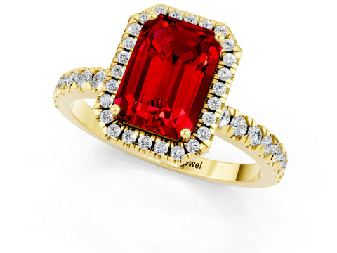 Yellow gold Emerald Cut Halo Diamond Pave Band with Prong Setting_1