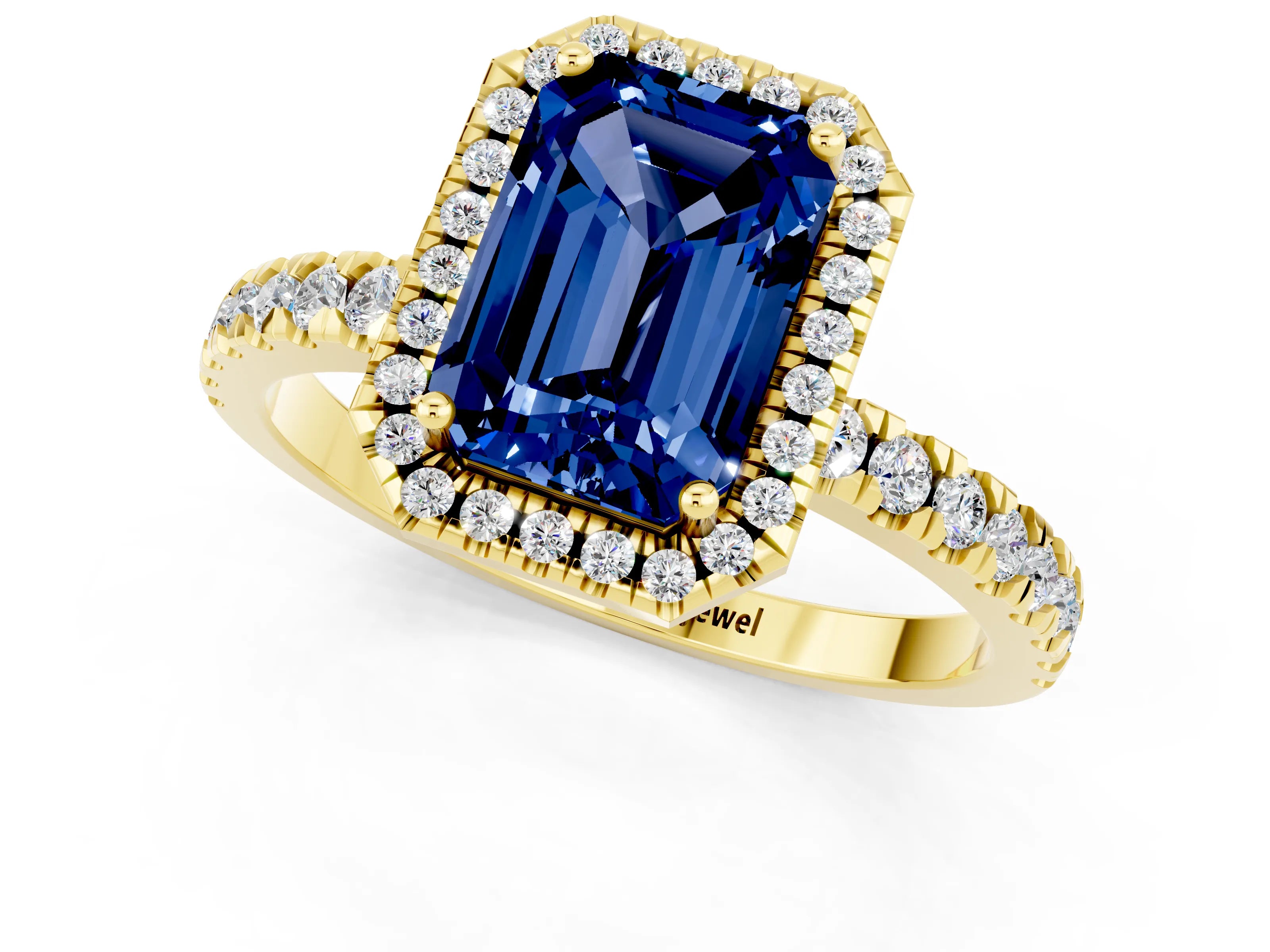 Yellow gold Emerald Cut Halo Diamond Pave Band with Prong Setting_1