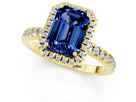 Yellow gold Emerald Cut Halo Diamond Pave Band with Prong Setting_1