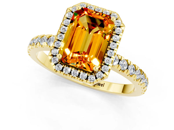 Yellow gold Emerald Cut Citrine Classic Halo Engagement Ring with Round Pavé Band and Prong Setting