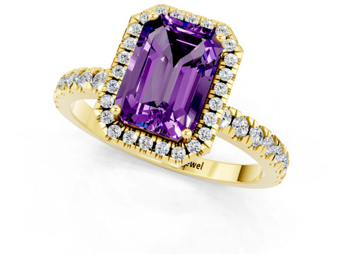 Yellow gold Emerald Cut Halo Diamond Pave Band with Prong Setting_1