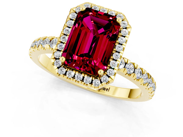 Yellow gold Emerald Cut Garnet Classic Halo Engagement Ring with Round Pavé Band and Prong Setting