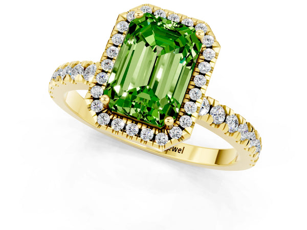 Yellow gold Emerald Cut Halo Diamond Pave Band with Prong Setting