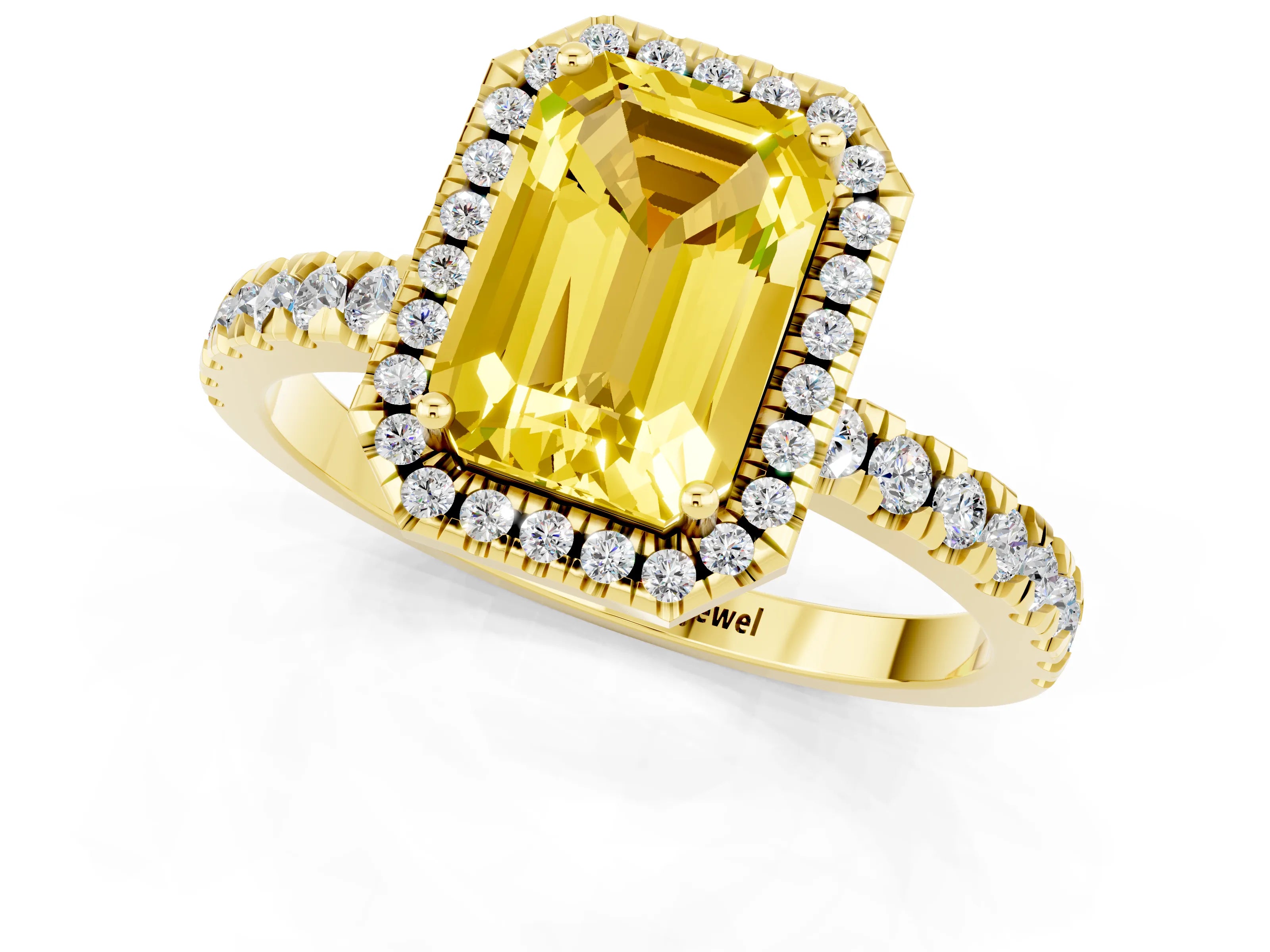 Yellow gold Emerald Cut Halo Diamond Pave Band with Prong Setting_1