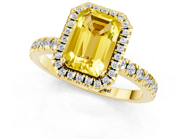 Yellow gold Emerald Cut Yellow Sapphire Classic Halo Engagement Ring with Round Pavé Band and Prong Setting