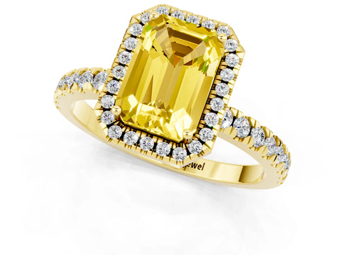 Yellow gold Emerald Cut Halo Diamond Pave Band with Prong Setting_1