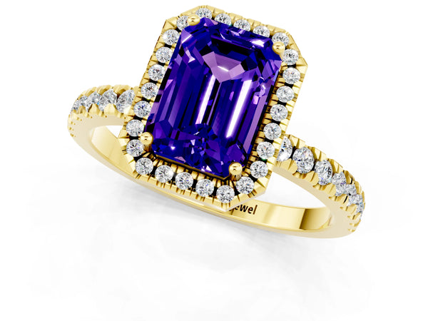 Yellow gold Emerald Cut Tanzanite Classic Halo Engagement Ring with Round Pavé Band and Prong Setting