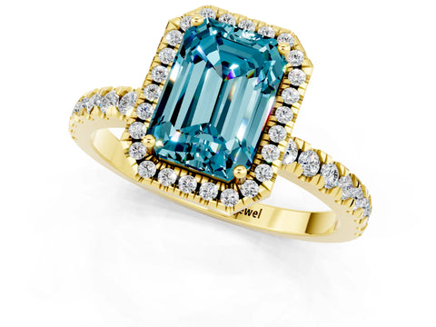 Yellow gold Emerald Cut Halo Diamond Pave Band with Prong Setting_1