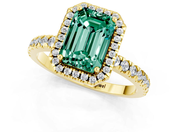 Yellow gold Emerald Cut Green Sapphire Classic Halo Engagement Ring with Round Pavé Band and Prong Setting