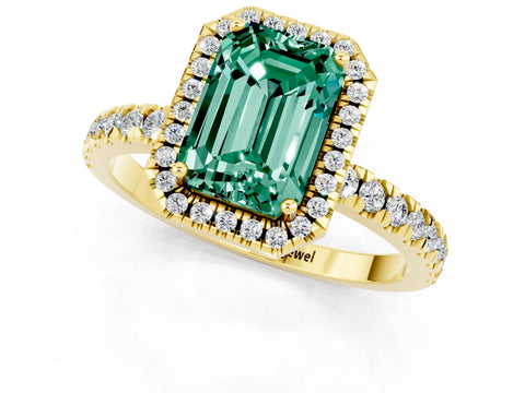 Yellow gold Emerald Cut Halo Diamond Pave Band with Prong Setting_1