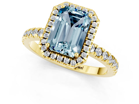 Yellow gold Emerald Cut Halo Diamond Pave Band with Prong Setting_1