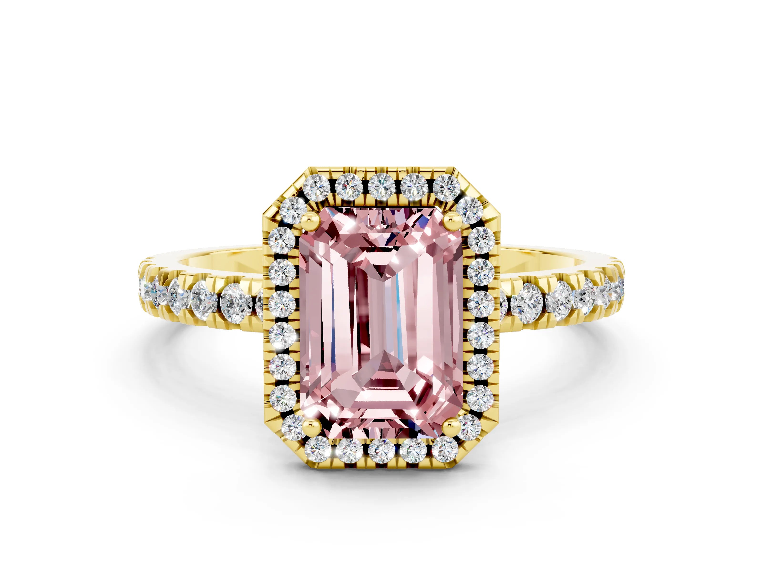 Yellow gold Emerald Cut Halo Diamond Pave Band with Prong Setting