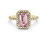 Yellow gold Emerald Cut Halo Diamond Pave Band with Prong Setting