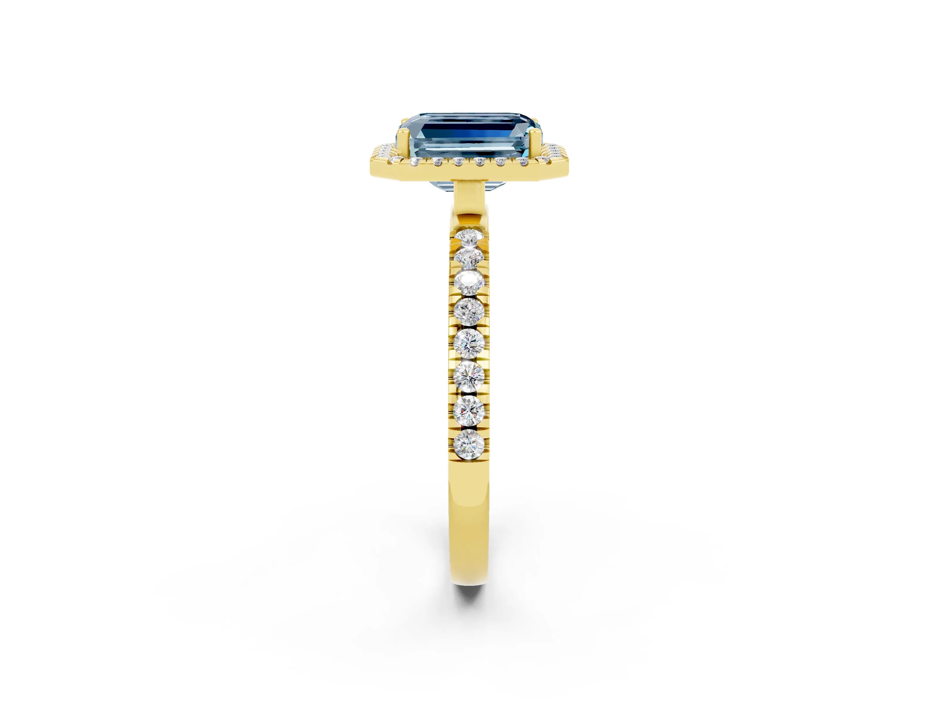 Yellow gold Emerald Cut Halo Diamond Pave Band with Prong Setting_2