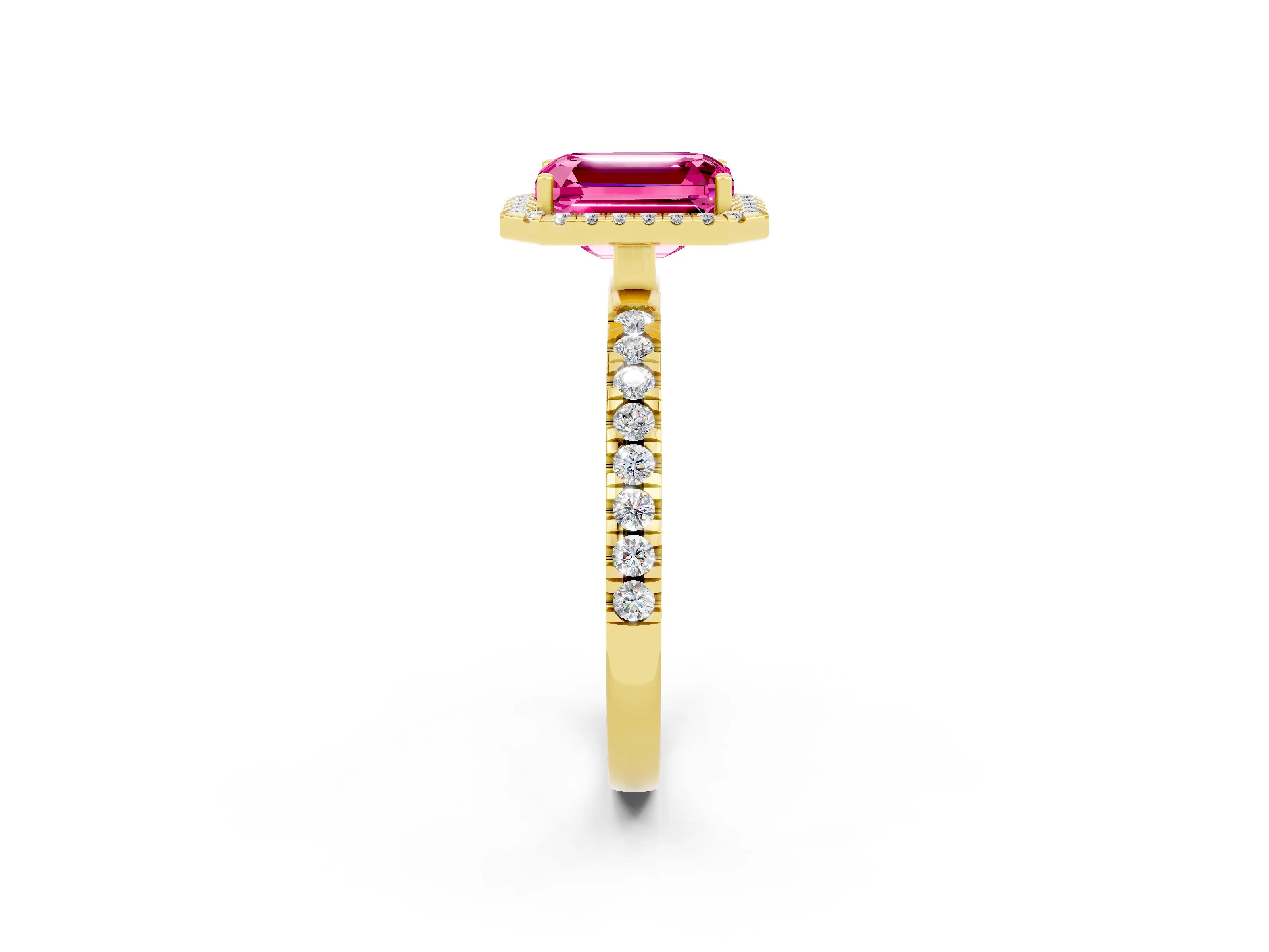 Yellow gold Emerald Cut Halo Diamond Pave Band with Prong Setting_2