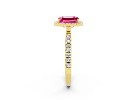 Yellow gold Emerald Cut Halo Diamond Pave Band with Prong Setting_2