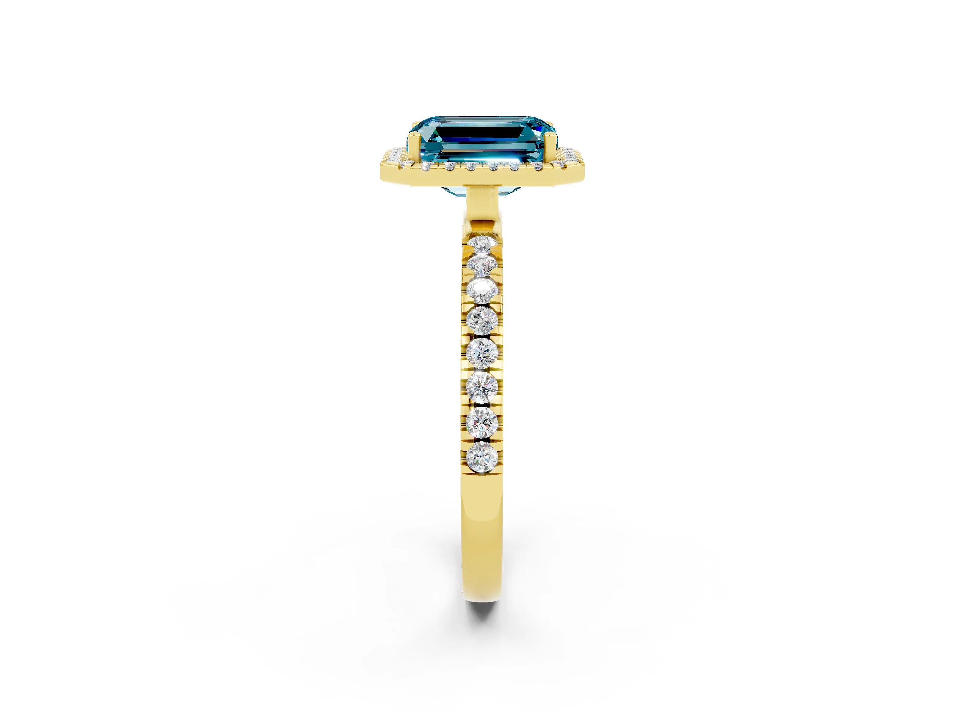 Yellow gold Emerald Cut Halo Diamond Pave Band with Prong Setting_2