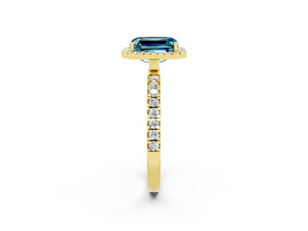 Yellow gold Emerald Cut Halo Diamond Pave Band with Prong Setting