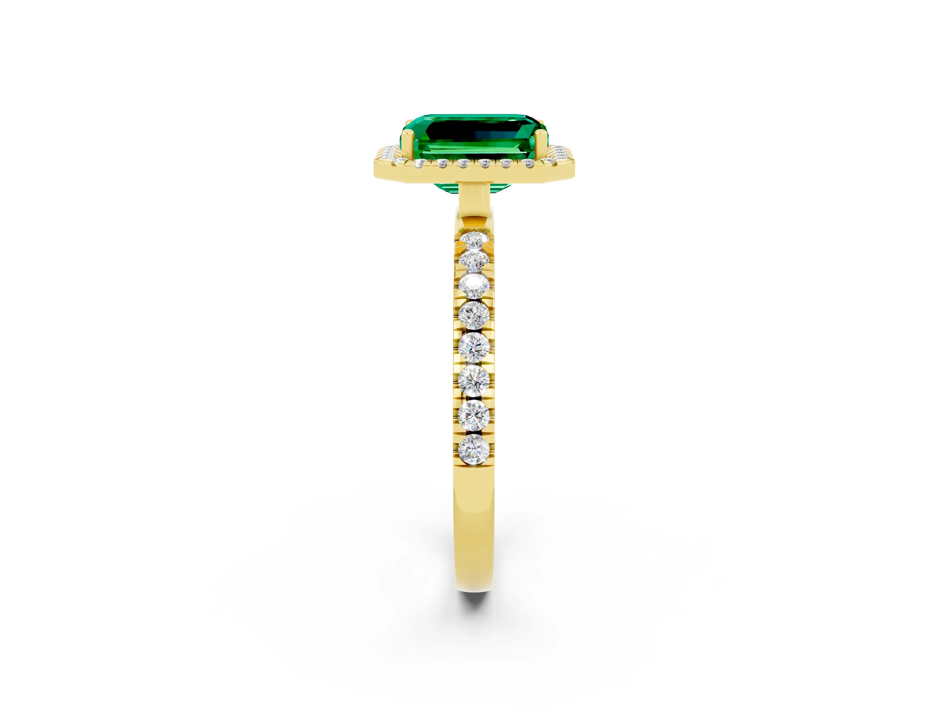 Yellow gold Emerald Cut Halo Diamond Pave Band with Prong Setting_2