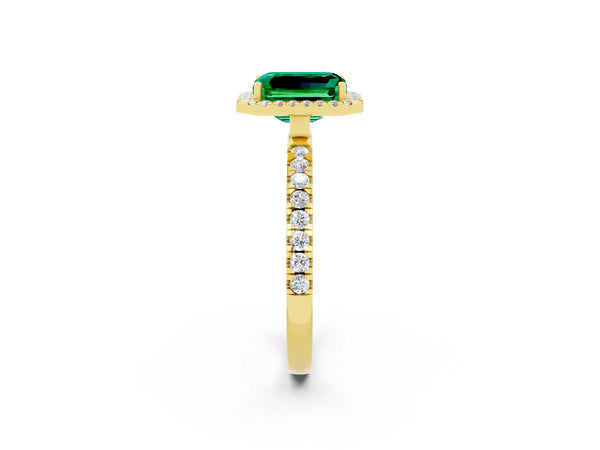 Yellow gold Emerald Cut Emerald Classic Halo Engagement Ring with Round Pavé Band and Prong Setting