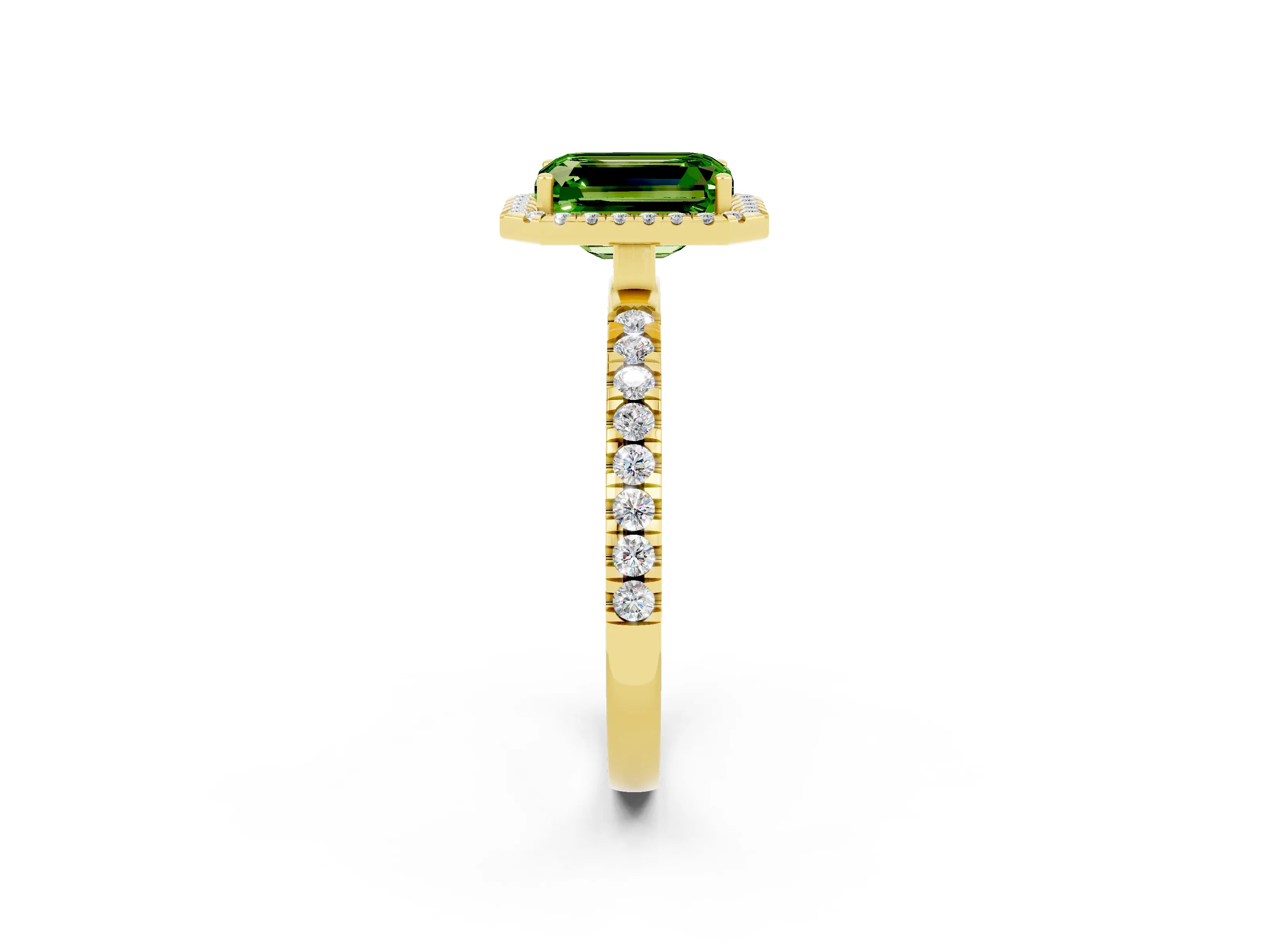 Yellow gold Emerald Cut Halo Diamond Pave Band with Prong Setting_2