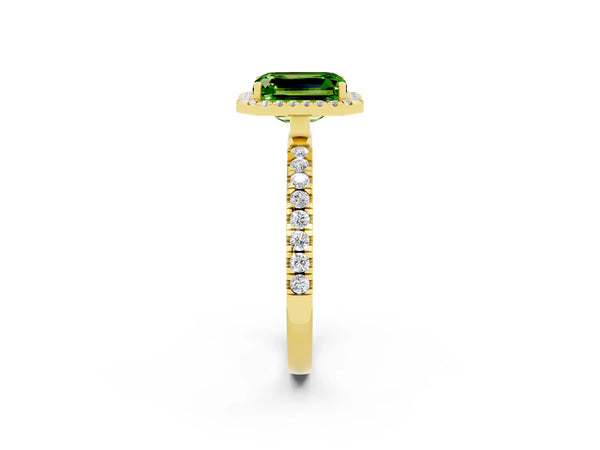 Yellow gold Emerald Cut Halo Diamond Pave Band with Prong Setting