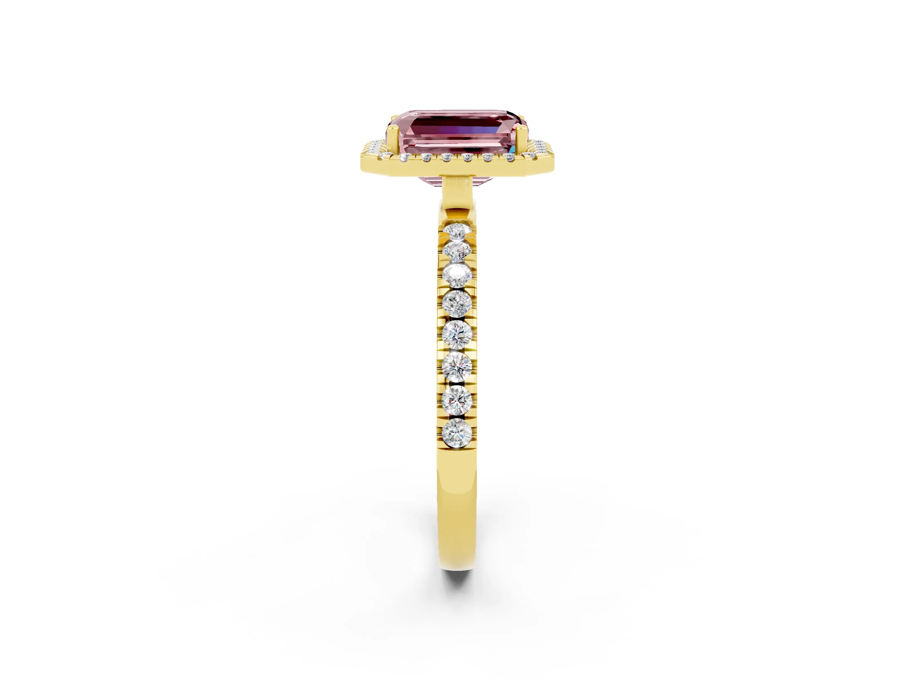 Yellow gold Emerald Cut Halo Diamond Pave Band with Prong Setting_2